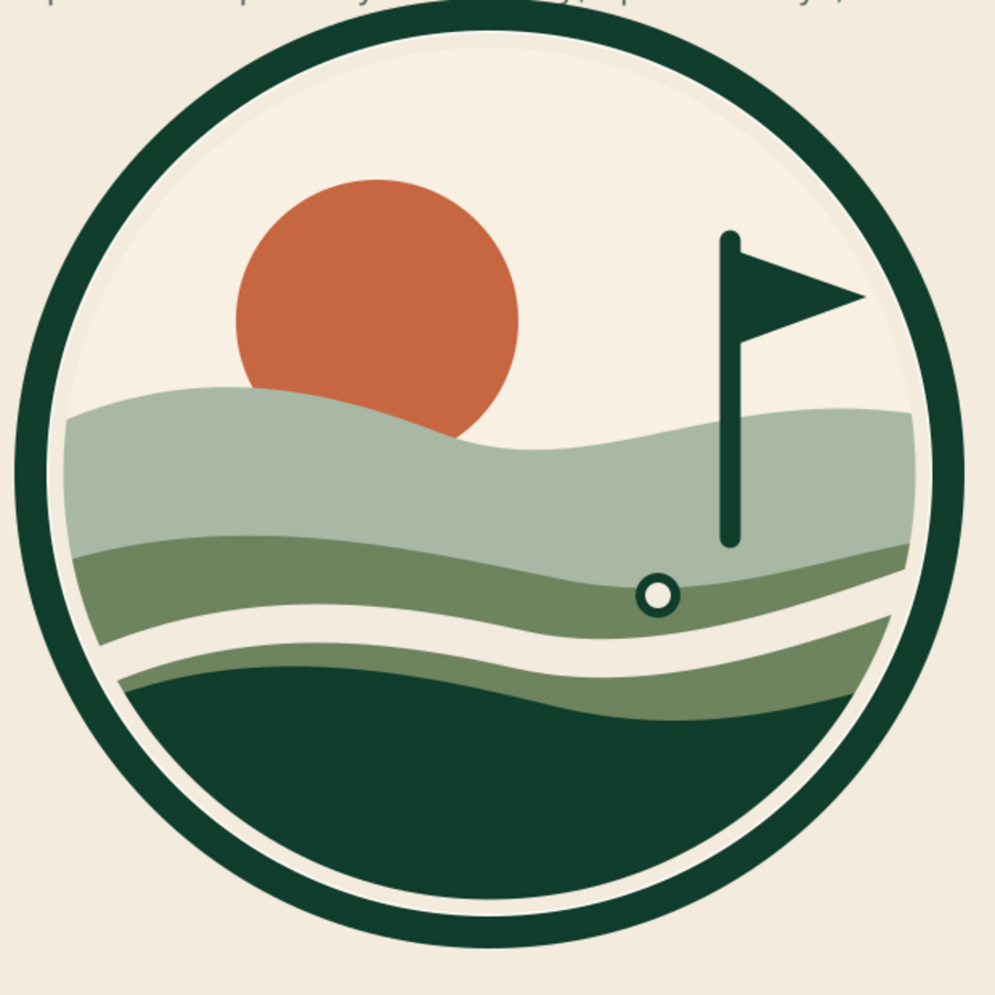 Sunset over layered fairways with a golf flag